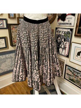 50s Vintage Black & Pink Full Circle Skirt With Velvet Waistband Size XS